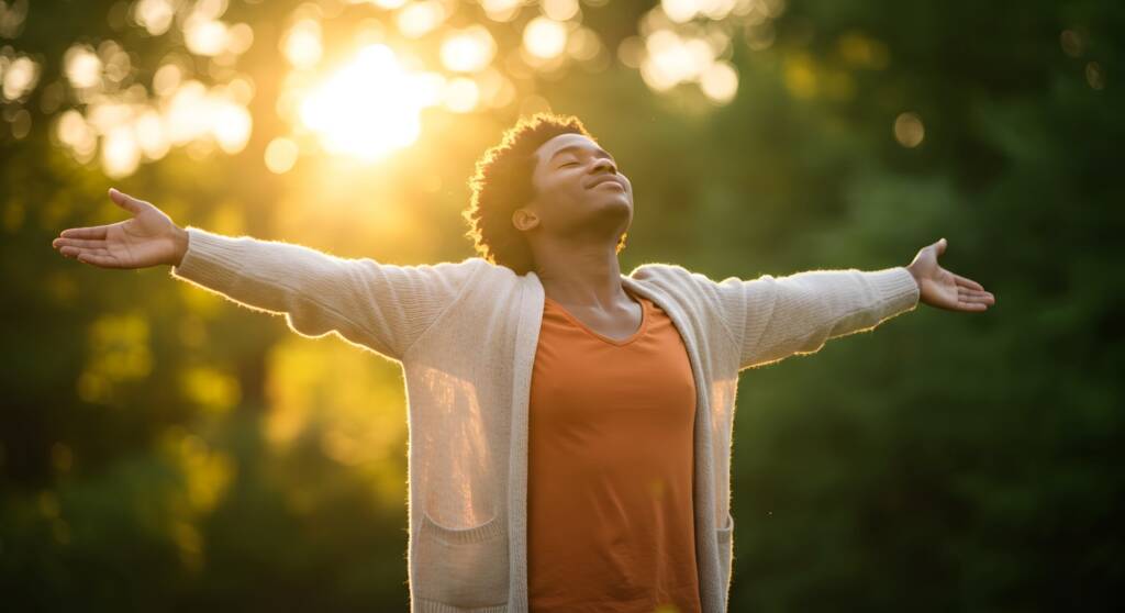 Man open his arms, looking to connect with God
