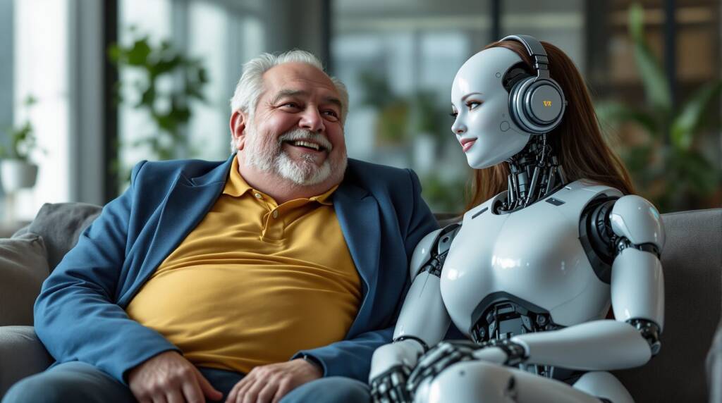 Man with virtual female robot