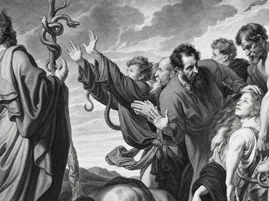 engraving of Van Dyke's Bronze serpent, detail.